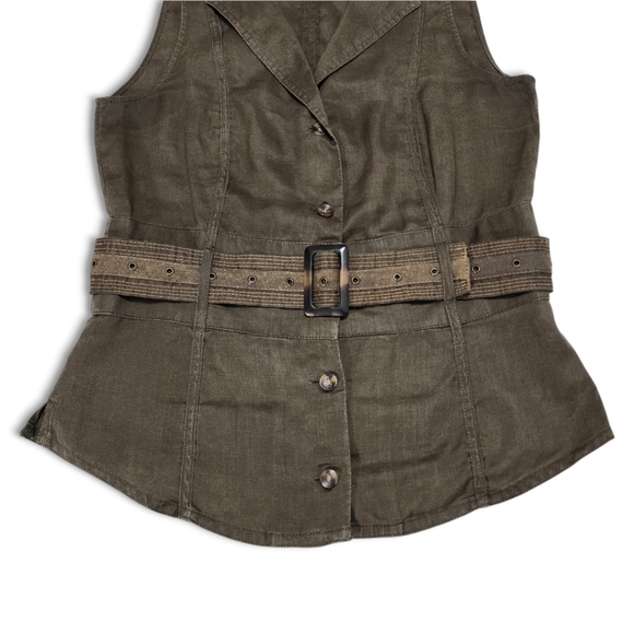 Zara Basic Women Vest Sz M Khaki Green Vintage Utility Style Belt, 100% Ramie - Picture 10 of 11